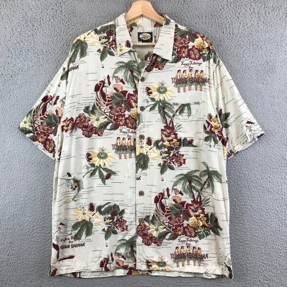 TOMMY BAHAMA Happy Holidays Short Sleeve Button Front Surf Hawaiian Shirt Mens M - Picture 1 of 7